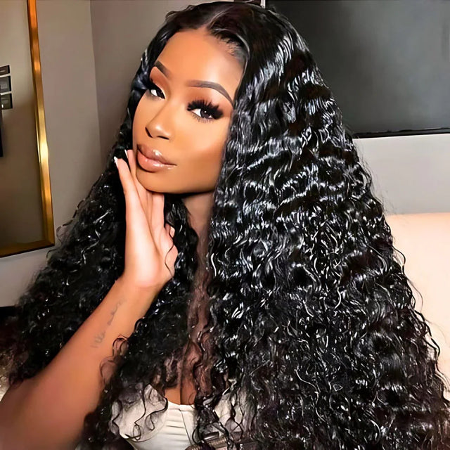 Luxurious deep curly human hair wig with natural-looking lace front, perfect for voluminous styling.