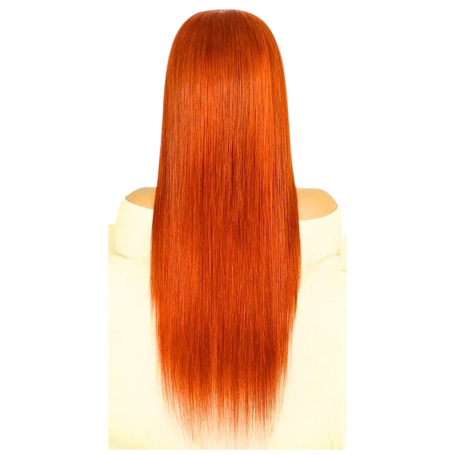 Vibrant orange human hair wig with sleek, straight texture on mannequin