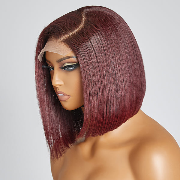 Limited Design | Burgundy Asymmetric Bob 4x4 Closure Lace Glueless Short Wig with Bangs 100% Human Hair