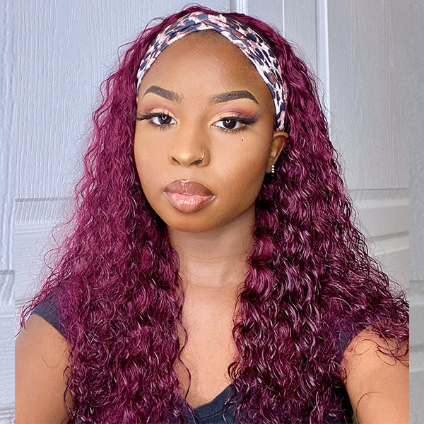 Throw On & Go Sugar Plum Deep Curly No Lace Glueless Long Headband Wig 100% Human Hair (Get Free Trendy Headbands)