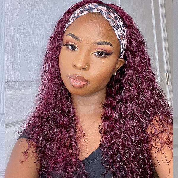 Throw On & Go Sugar Plum Deep Curly No Lace Glueless Long Headband Wig 100% Human Hair (Get Free Trendy Headbands)