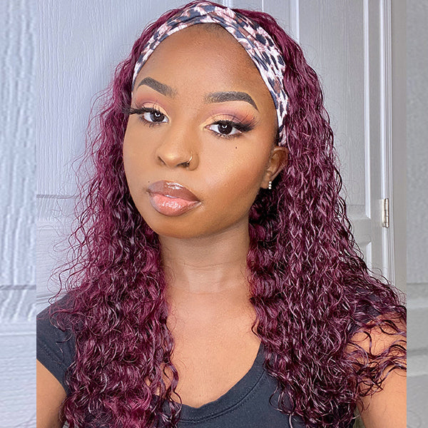 Throw On & Go Sugar Plum Deep Curly No Lace Glueless Long Headband Wig 100% Human Hair (Get Free Trendy Headbands)