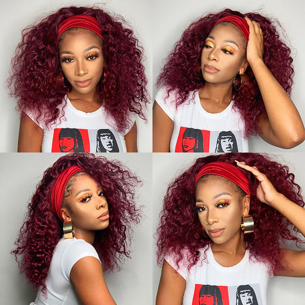 Throw On & Go Sugar Plum Deep Curly No Lace Glueless Long Headband Wig 100% Human Hair (Get Free Trendy Headbands)