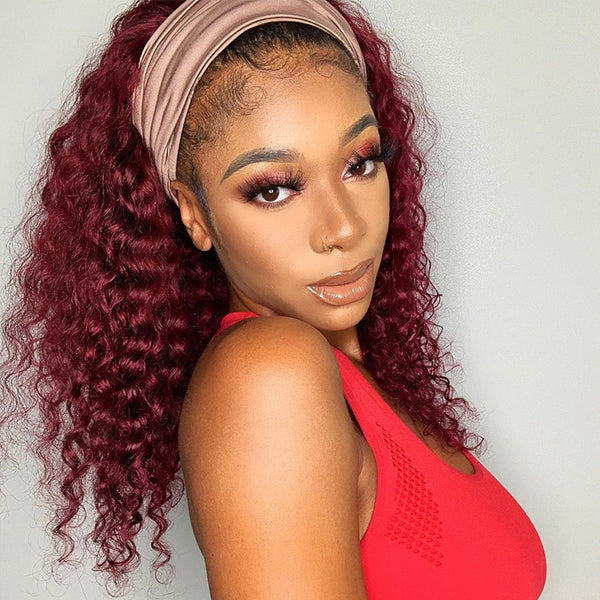 Throw On & Go Sugar Plum Deep Curly No Lace Glueless Long Headband Wig 100% Human Hair (Get Free Trendy Headbands)