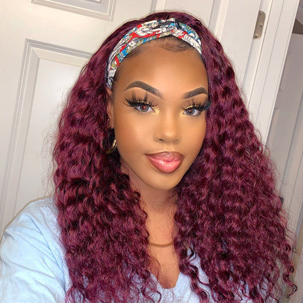 Throw On & Go Sugar Plum Deep Curly No Lace Glueless Long Headband Wig 100% Human Hair (Get Free Trendy Headbands)