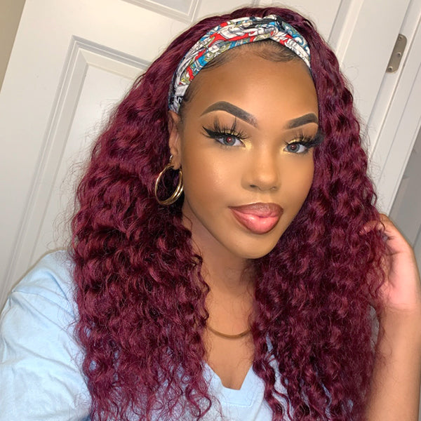Throw On & Go Sugar Plum Deep Curly No Lace Glueless Long Headband Wig 100% Human Hair (Get Free Trendy Headbands)