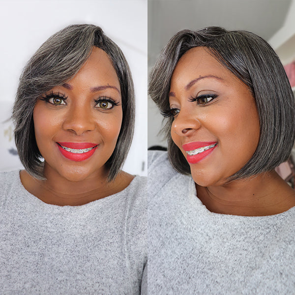Salt & Pepper Beginner Friendly Glueless Bob Wig With Bangs 100% Human Hair