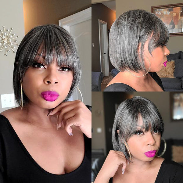 Salt & Pepper Beginner Friendly Glueless Bob Wig With Bangs 100% Human Hair