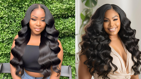 Luxury human hair wigs with voluminous waves, perfect for natural styling and elegance.