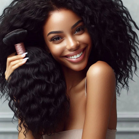 Woman holding curly human hair bundle, showcasing natural voluminous texture for styling