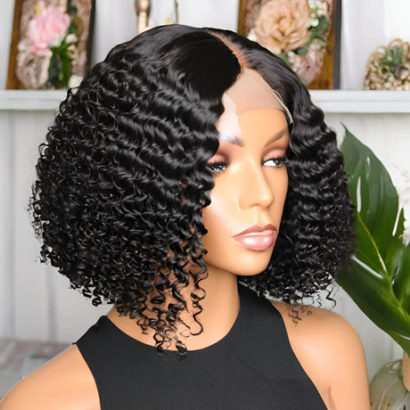 Black curly human hair wig with lace front on mannequin, natural styling for versatile looks