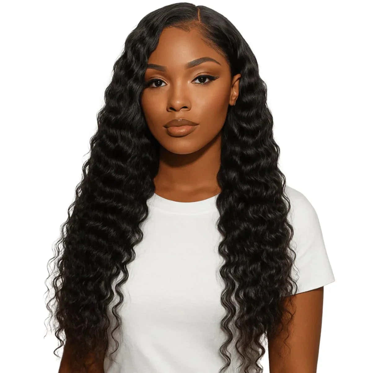 Woman with long, wavy black hair wearing a white shirt on a white background