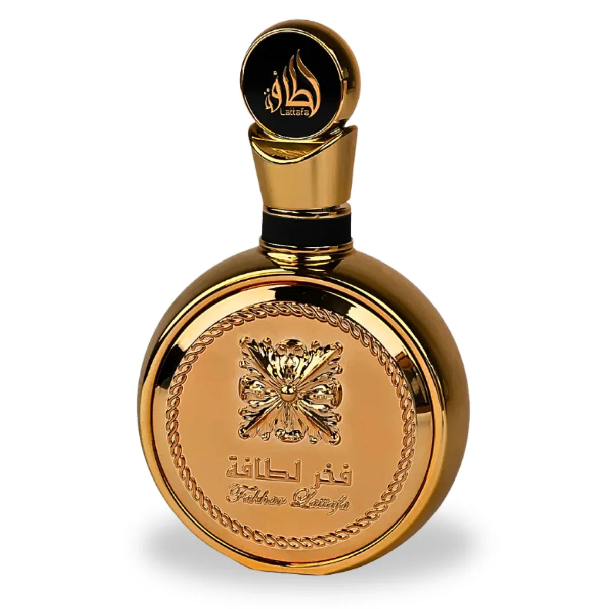 Luxury gold perfume bottle with Arabic script and ornate emblem, elegant fragrance design