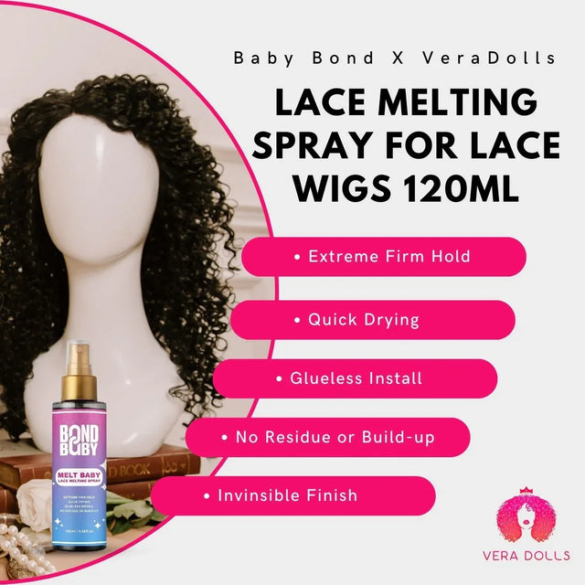 Lace melting spray for lace wigs, 120ml, with extreme hold and glueless install on curly wig mannequin