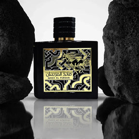 Luxury black perfume bottle with gold horse design, Qaed Al Fursan fragrance, elegant Arabian style