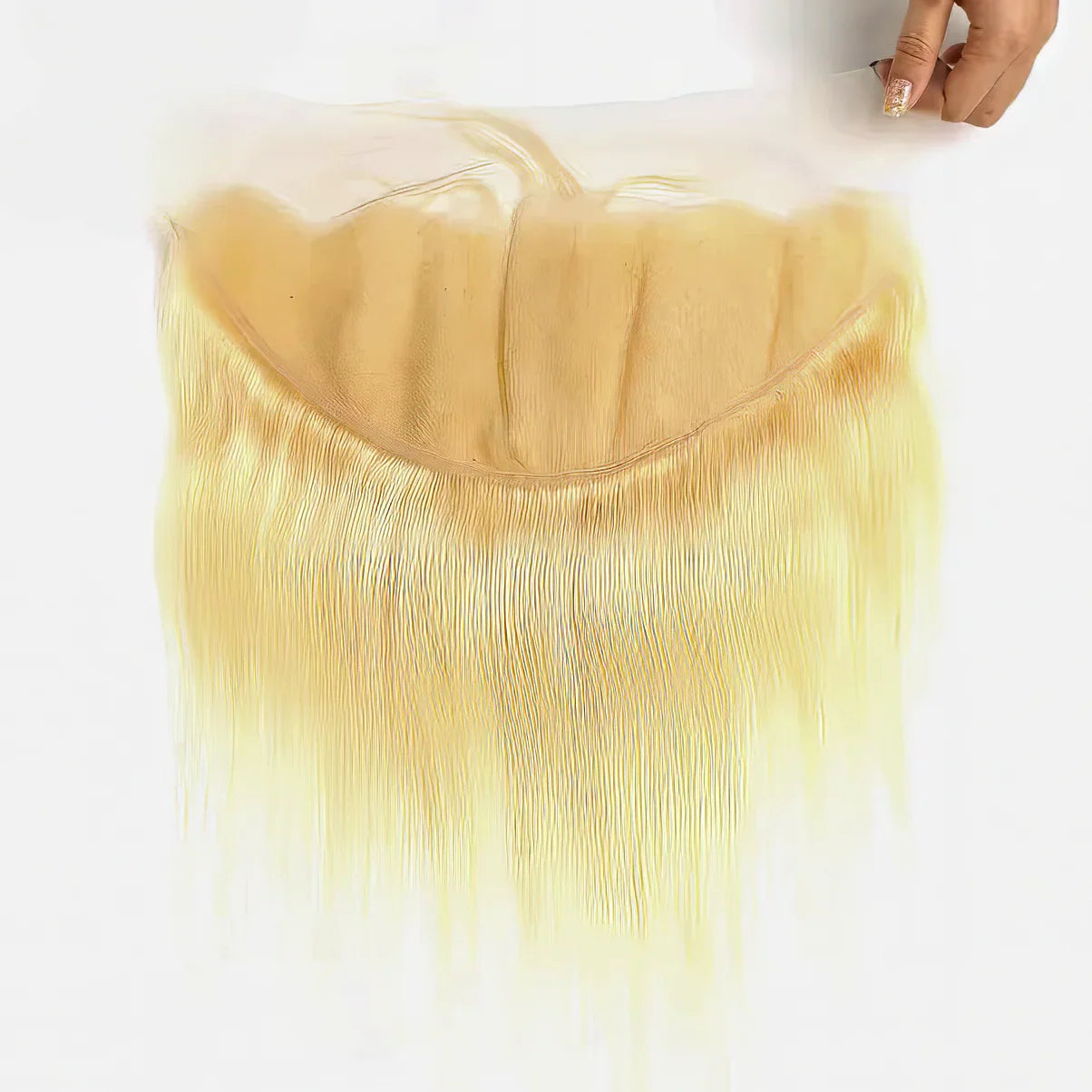 Blonde human hair lace front wig with natural-looking scalp and straight strands