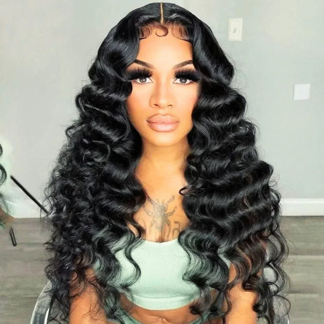 Long black body wave human hair wig with lace front for natural styling