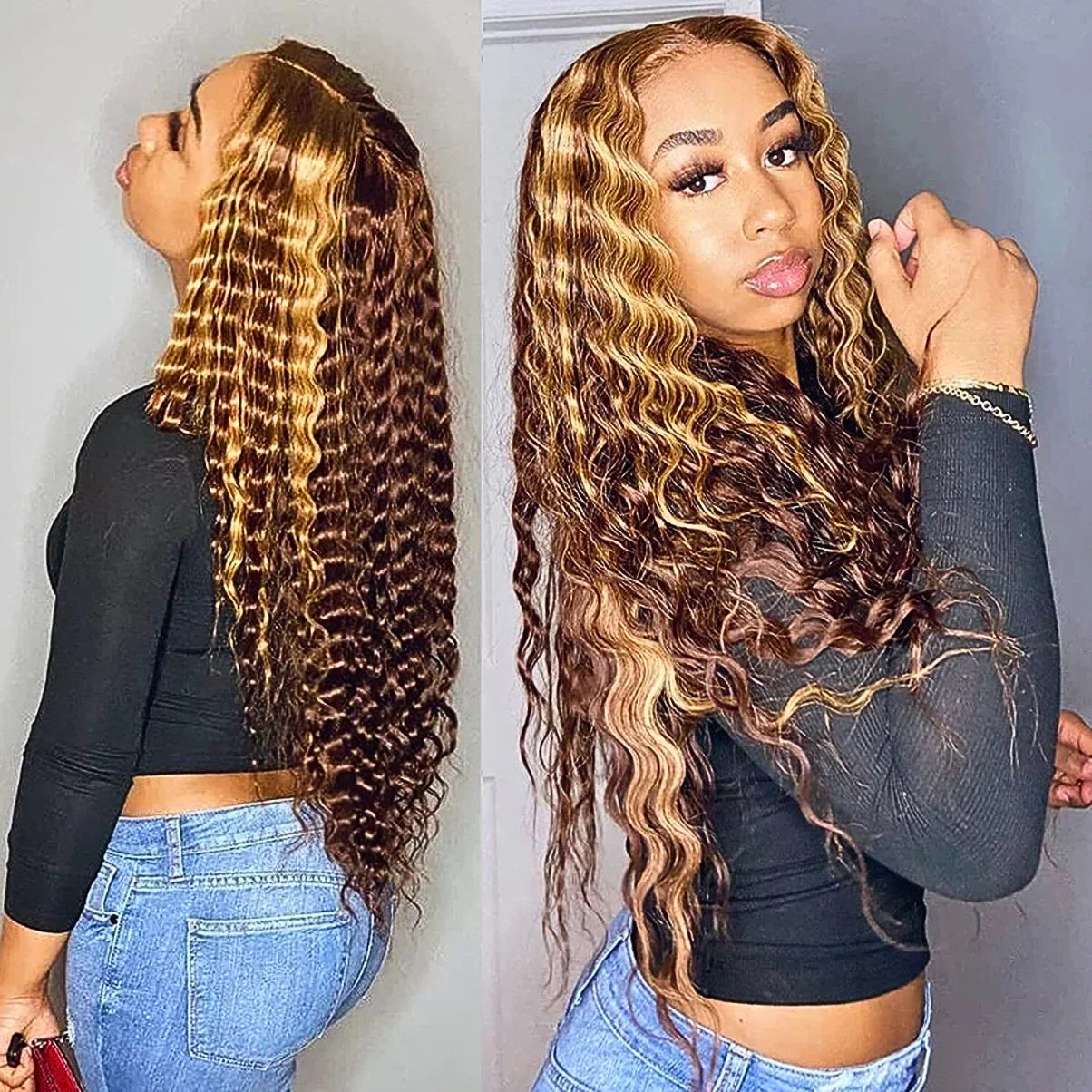 Long curly human hair wig with ombre highlights, natural voluminous waves for stylish everyday wear