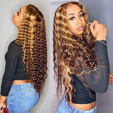 Vera Dolls 180% Density | 13x4 Highlight Deep Wave Frontal HD Lace Wig                                            Glueless Free Part Long Wig 100% Human Hair