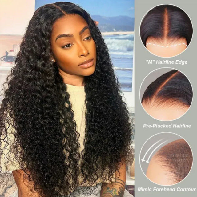 Natural curly human hair wig with M hairline edge, pre-plucked hairline, and mimic forehead contour for seamless styling