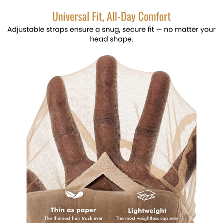 Hair cap with adjustable straps and text highlighting comfort and features