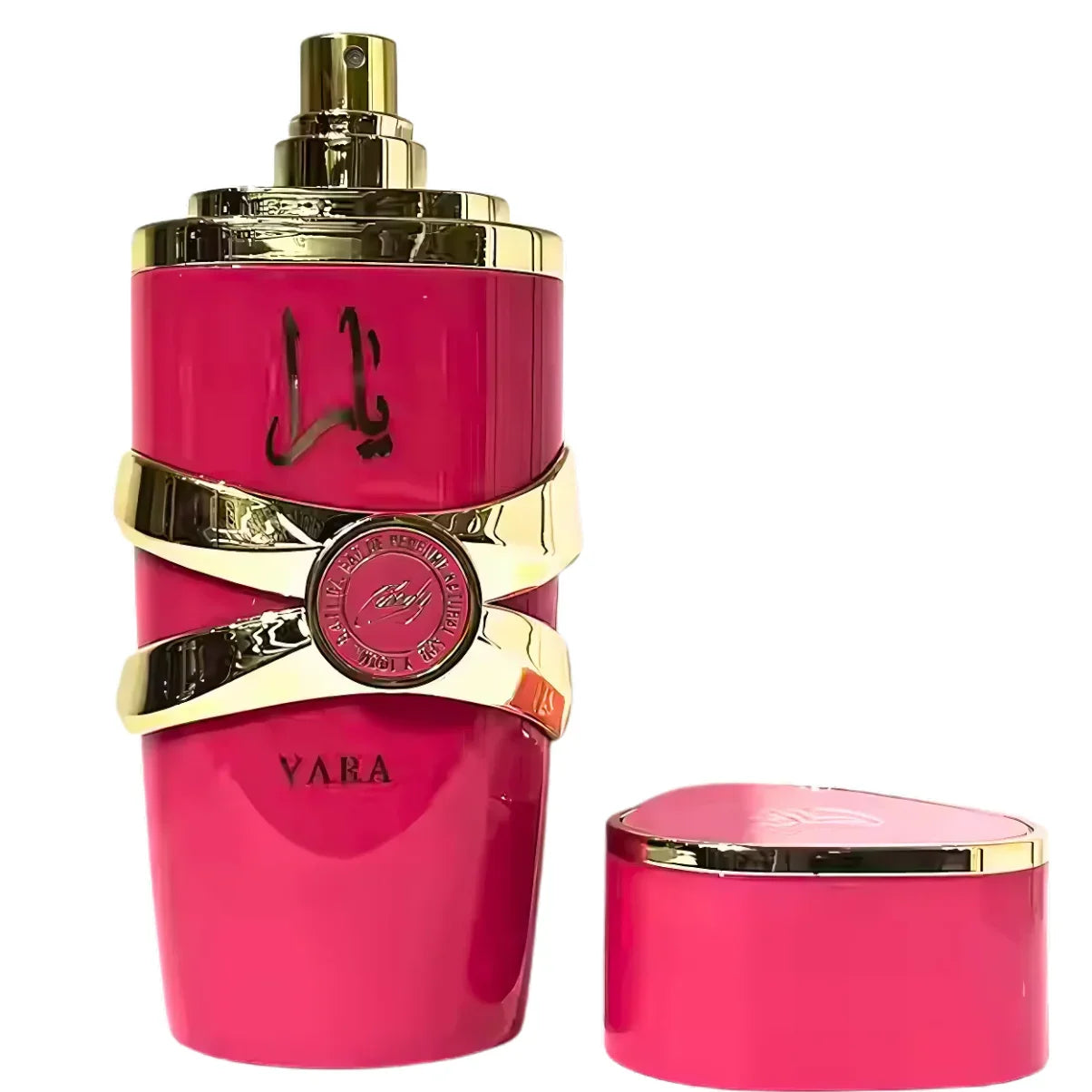Luxury pink perfume bottle with gold accents and cap, elegant fragrance design