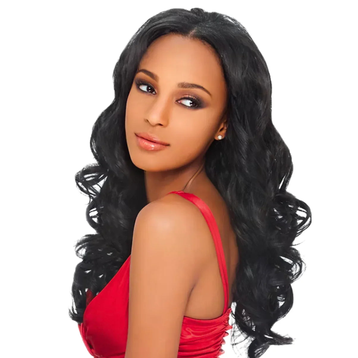 Woman wearing long, wavy black human hair wig with red top, styled for natural look