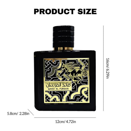 Black perfume bottle with gold horse design, Qaed Al Fursan, 16cm tall, luxury fragrance