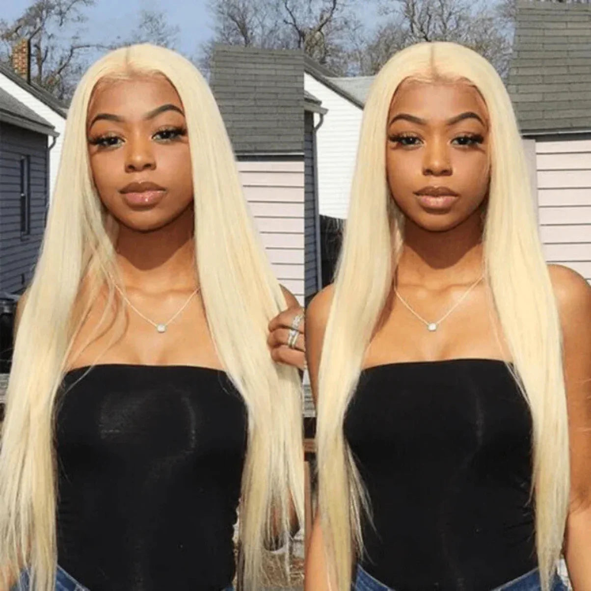 Blonde human hair wig with straight long layers, natural lace front for seamless styling