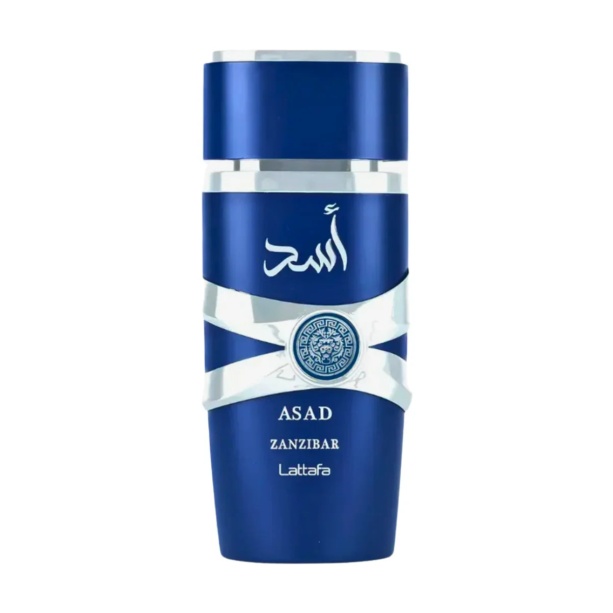 Blue ASAD Zanzibar Lattafa perfume bottle with silver accents and Arabic script design