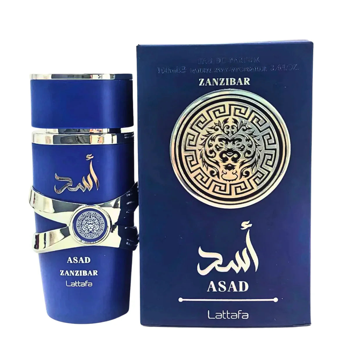 Asad Zanzibar Eau de Parfum by Lattafa, 100ml luxury fragrance with lion emblem and blue packaging