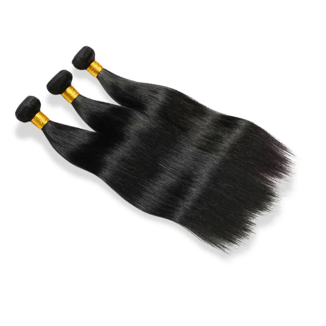 Three bundles of sleek black human hair extensions with gold bands, ideal for natural styling and volume.