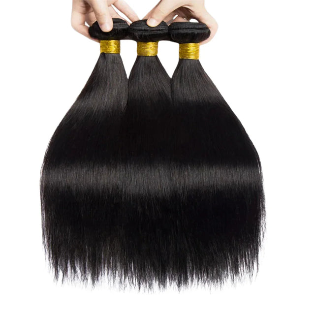 Three bundles of sleek, straight human hair extensions with gold bands, ideal for natural styling.