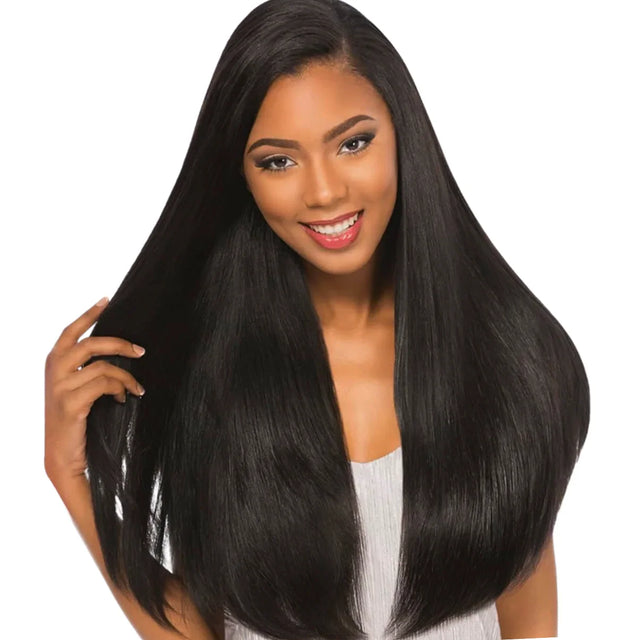 Woman with long, straight black human hair wig, showcasing natural styling and sleek texture