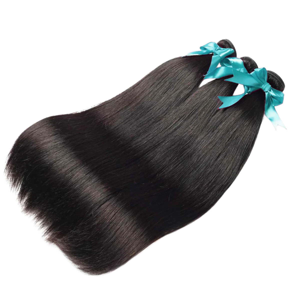 Smooth black human hair bundles with teal ribbons, ideal for natural styling and extensions