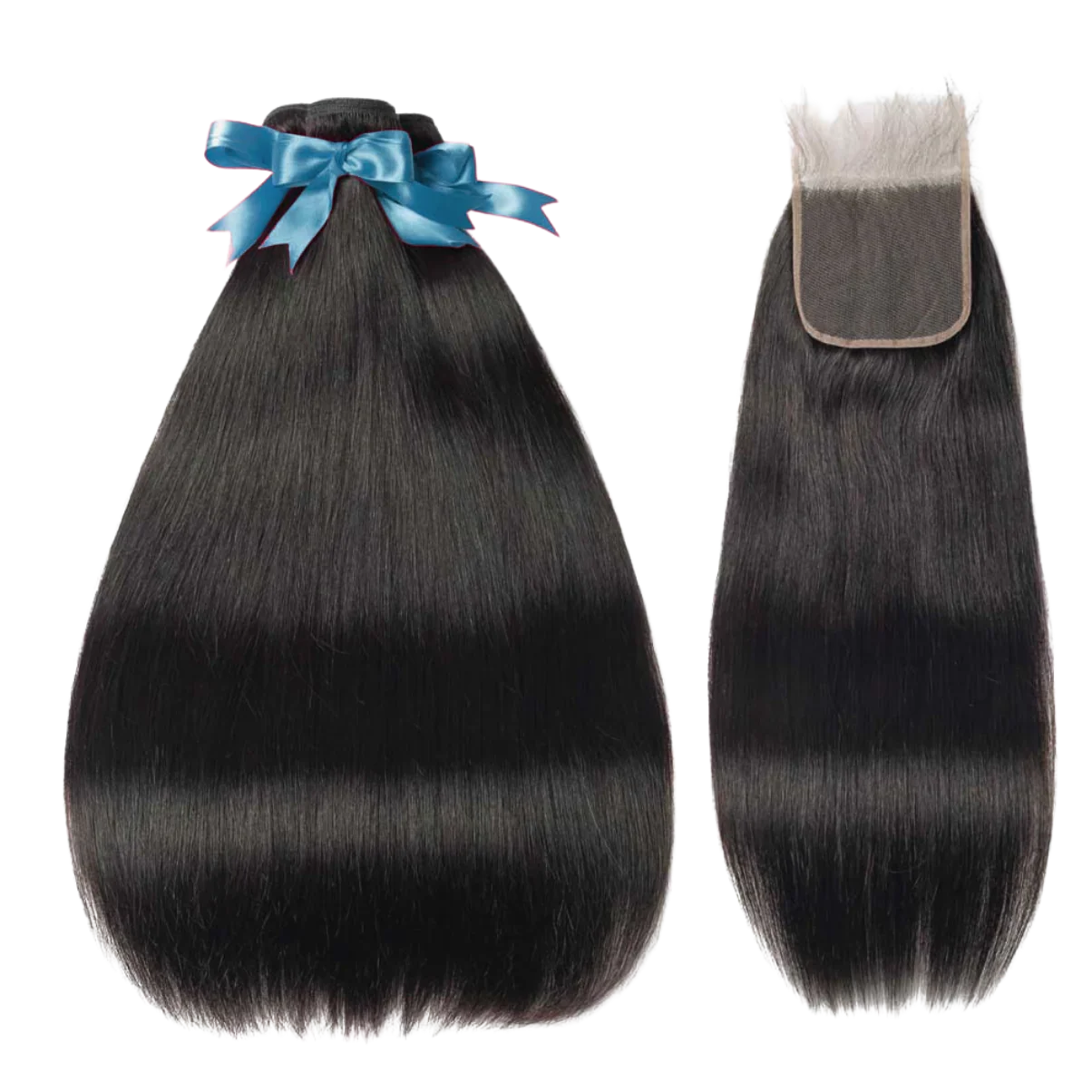 Smooth straight human hair bundles with blue bow and lace closure for natural styling