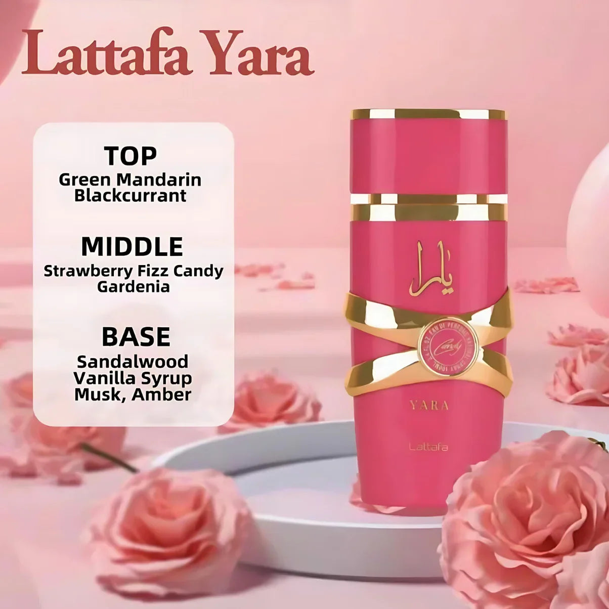 Lattafa Yara perfume bottle with pink rose accents, featuring green mandarin, strawberry fizz, and vanilla syrup notes