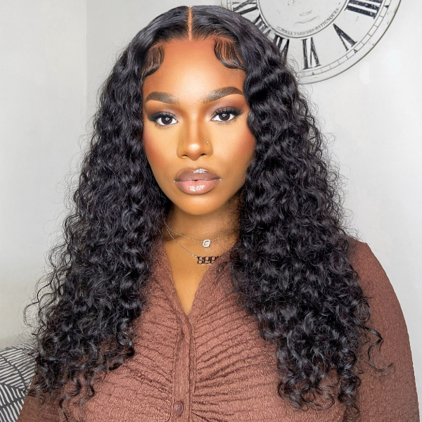 Leisure Style Water Wave 4x4 Closure Lace Glueless Mid Part Long Wig 100% Human Hair 24 inch