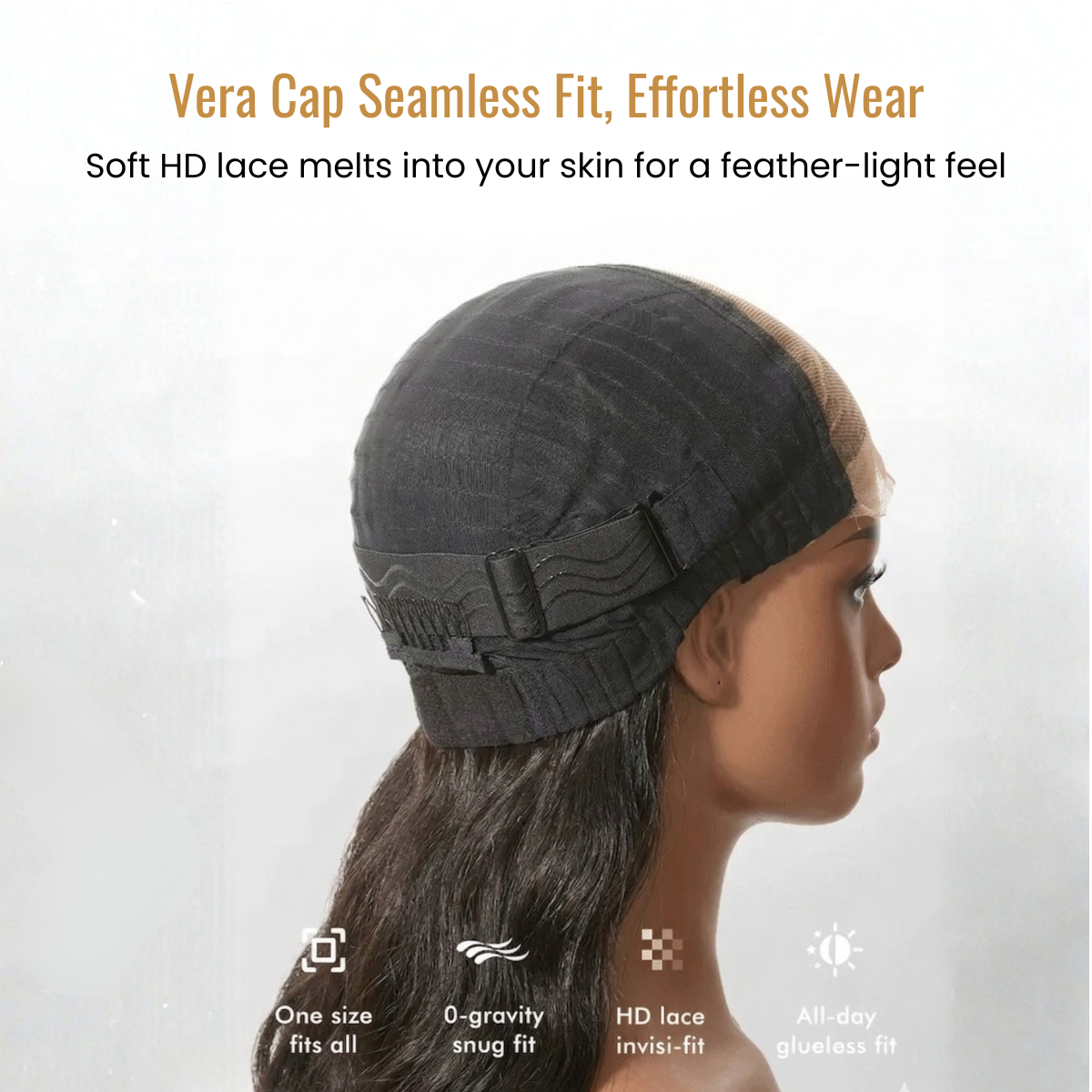 Vera Cap on a mannequin head with text highlighting features