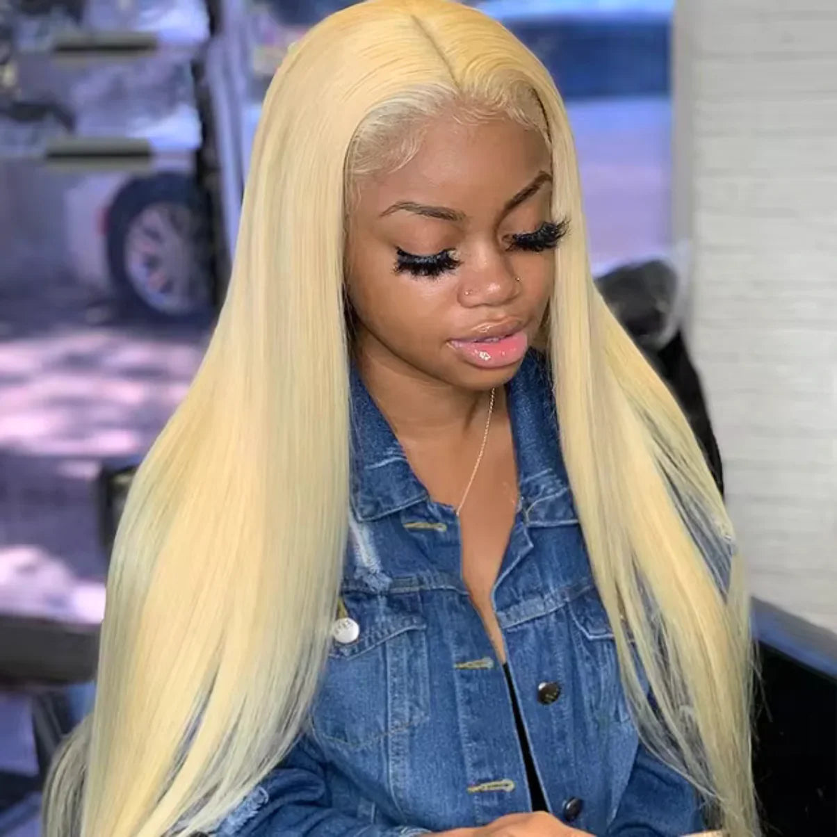 Blonde human hair wig with natural straight style, lace front for seamless look