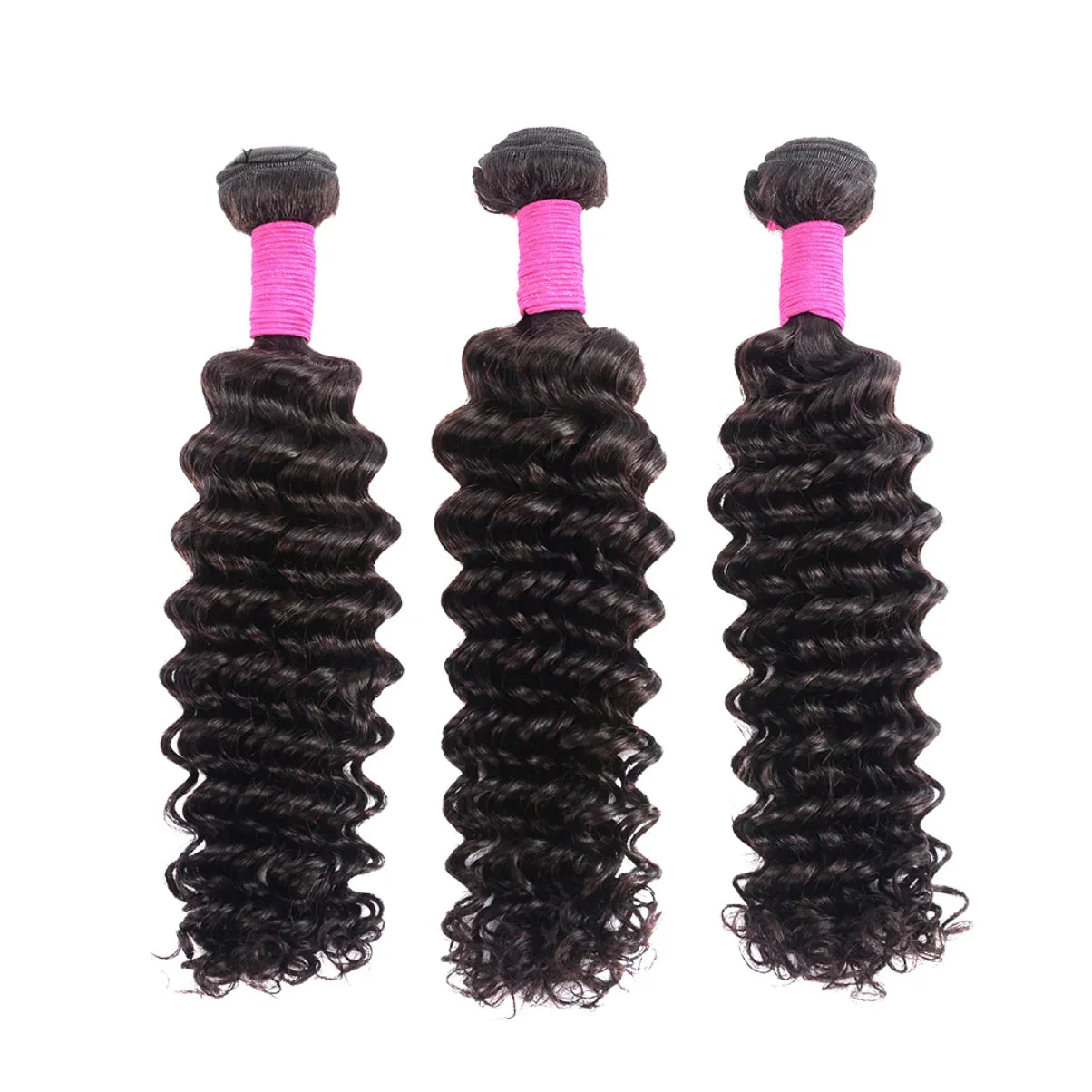 Three bundles of deep wave human hair with pink bands, ideal for natural styling and extensions.