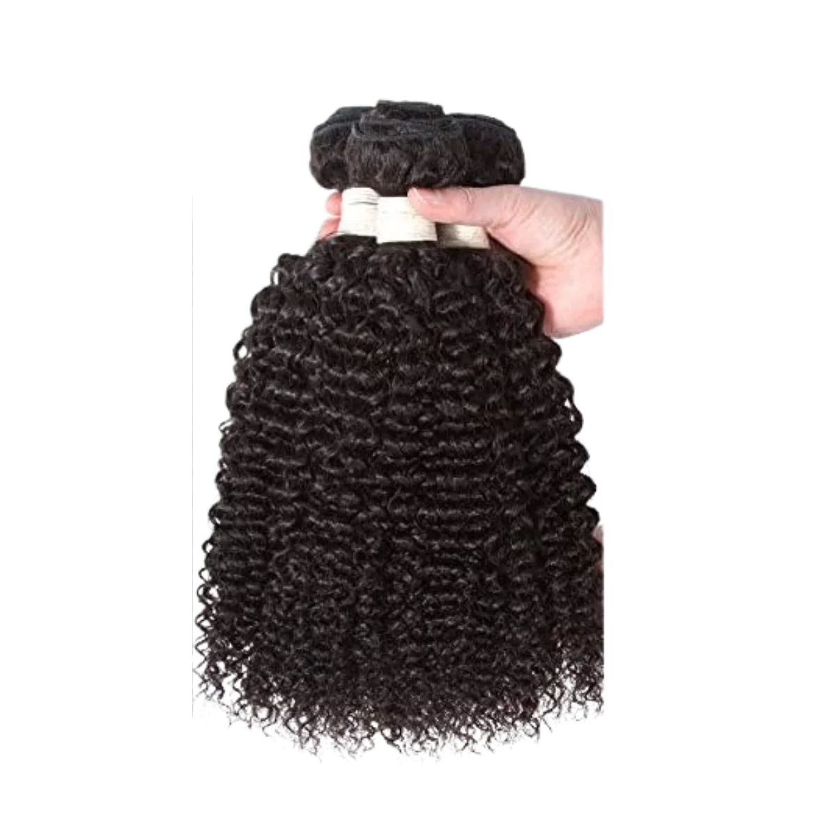 Hand holding deep curly human hair bundles for natural styling and extensions