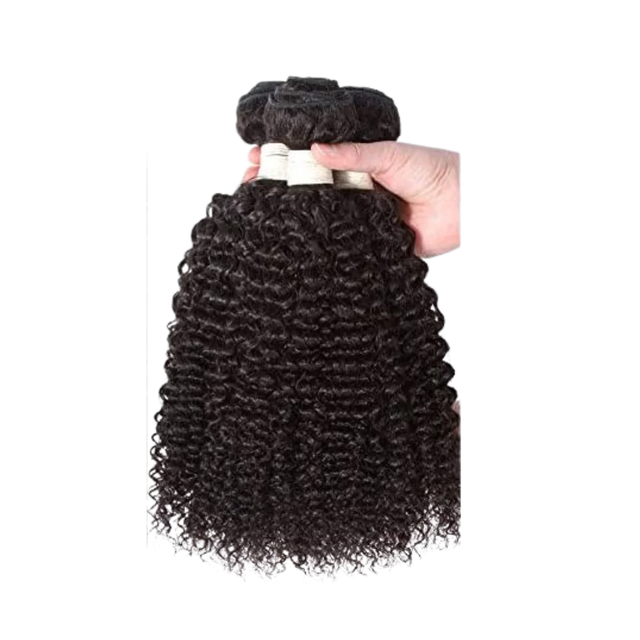 Hand holding deep curly human hair bundles for natural styling and extensions