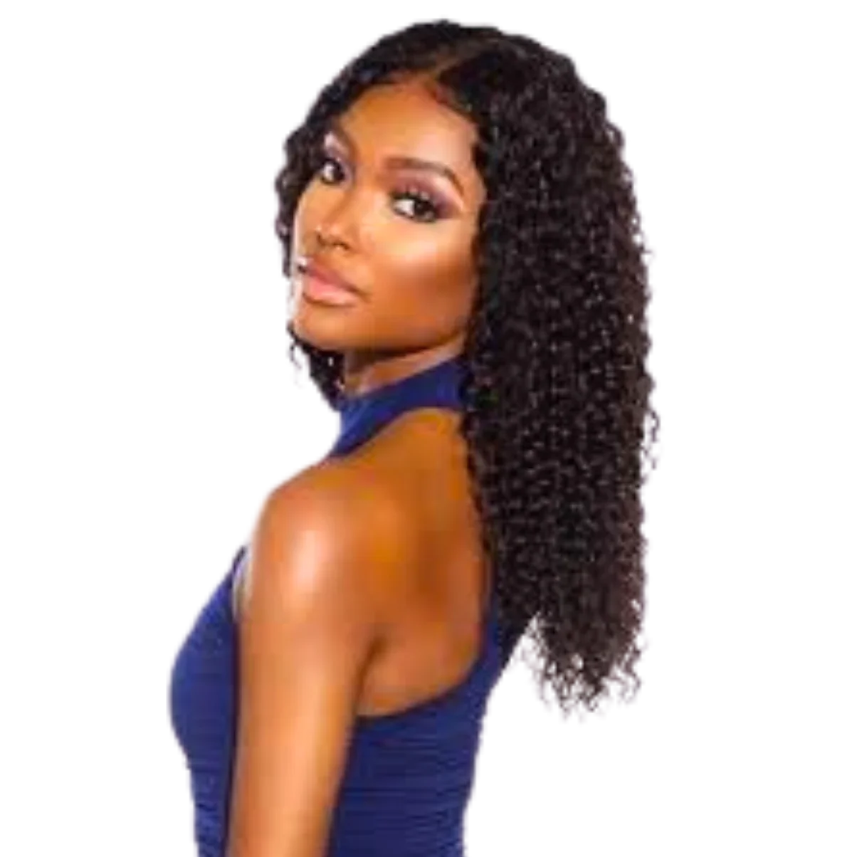 Woman wearing a deep curly human hair wig with natural-looking lace front, styled for volume and bounce.