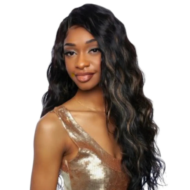 Woman wearing long wavy human hair wig with natural body waves, styled for elegant look