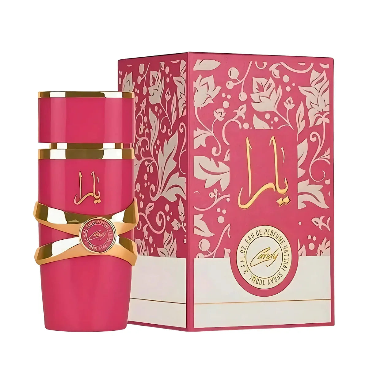 Pink Candy Eau de Parfum bottle with gold accents and matching floral gift box, 100ml natural spray