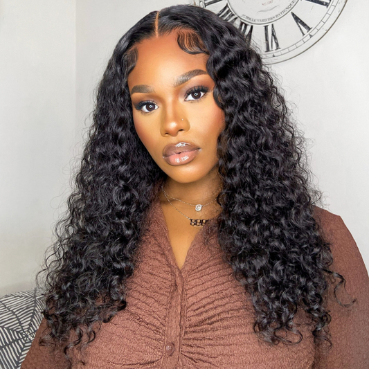 Leisure Style Water Wave 4x4 Closure Lace Glueless Mid Part Long Wig 100% Human Hair 24 inch