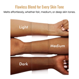 Three arms with different skin tones labeled 'Light', 'Medium', and 'Dark' to demonstrate product compatibility.