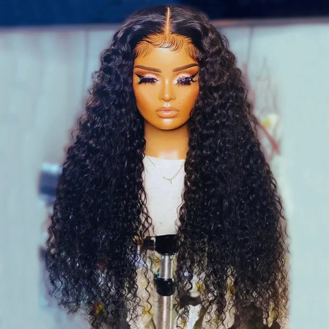 Long curly human hair wig with lace front on mannequin, natural voluminous styling