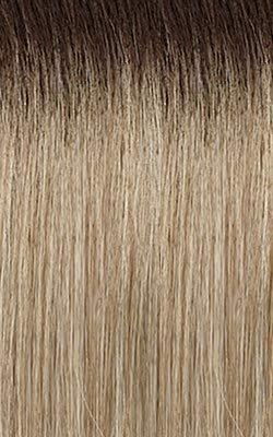 Natural-looking human hair wig with smooth ombre blend from dark roots to blonde ends